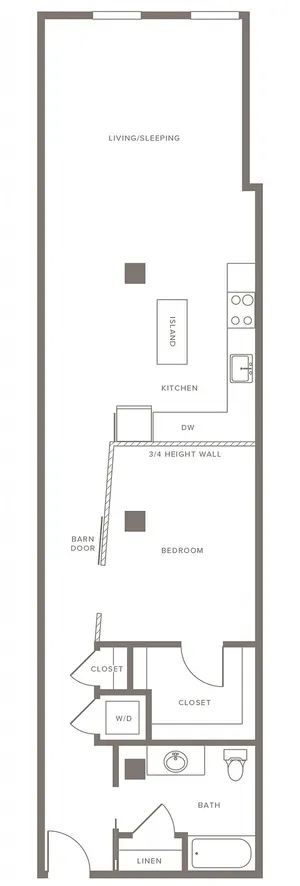 Chic studio floor plan featuring open living and sleeping area, modern kitchen with island, and spacious bathroom with ample storage.