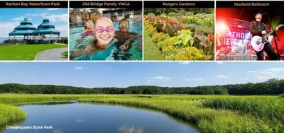 Exciting lifestyle collage showcasing Raritan Bay Waterfront Park's scenic beauty, joyful kids swimming at Old Bridge Family YMCA, vibrant blooms at Rutgers Gardens, dynamic live music at Starland Ballroom, and serene landscapes of Che