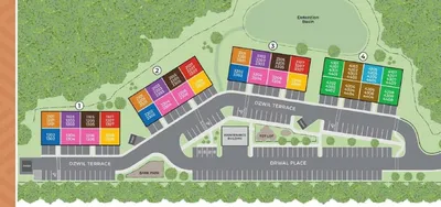 Vibrant community layout featuring diverse home designs set against lush greenery with convenient access to Dzwil Terrace. Includes color-coded sections for easy navigation.