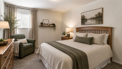 Inviting bedroom with elegant decor, featuring a comfortable bed, cozy armchair, and warm lighting accentuated by earthy tones.