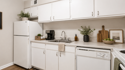 Charming kitchen with sleek white cabinetry, modern appliances, and tasteful decor, creating a warm and inviting space.