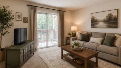 Inviting living room with cozy beige sofa, elegant coffee table, and abundant natural light through sliding glass doors opening to a serene balcony.