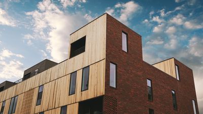 Modern apartment building with a striking mix of wood and brick facade under a bright, cloudy sky.