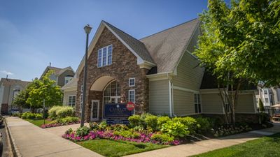 Charming apartment complex with picturesque landscaping, featuring vibrant flower beds and elegant stonework under a clear blue sky.
