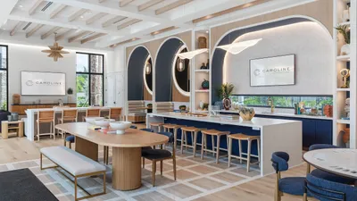 Modern, sunlit interior showcasing elegant dining and seating areas with chic wooden accents and artistic lighting fixtures.