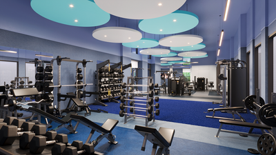 Modern fitness center with state-of-the-art equipment, vibrant blue accents, and innovative lighting for an energized workout environment.