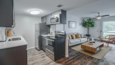 Modern open-concept kitchen and living room with sleek cabinetry, stainless steel appliances, and cozy seating area.