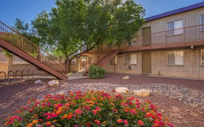 Charming apartment exterior with a lush tree and vibrant flower garden, offering serene views and inviting atmosphere.