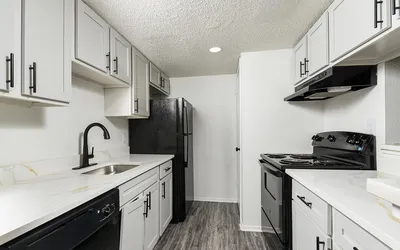 Modern galley kitchen with sleek black appliances, elegant white cabinetry, and contemporary wood flooring.