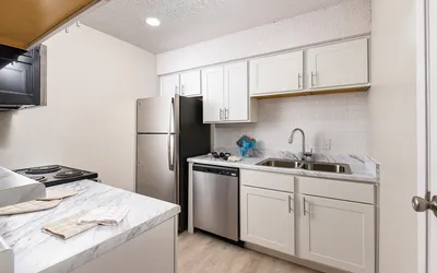 Modern kitchen with sleek stainless steel appliances, elegant white cabinetry, and chic marble countertops.