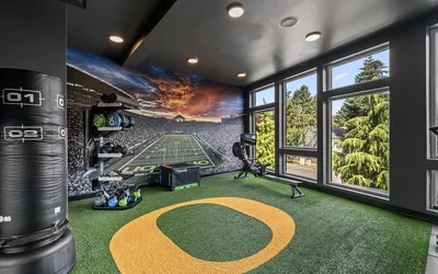 Modern home gym with panoramic windows, vibrant sports mural, and professional workout equipment on artificial turf flooring.