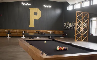 Chic recreation room featuring a modern pool table and sleek furniture, set against a stylish dark wall with a large decorative 'P'.