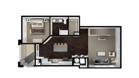 Jack floor plan rendering, 2-bed 2-bath townhome
