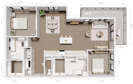 The Grandeur | Grandview 3D Floorplan - 2 Bedroom 2.5 Bathroom