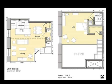 1 bedroom, 1 bathroom floorplan. Living space and kitchen with lofted bedroom upstairs