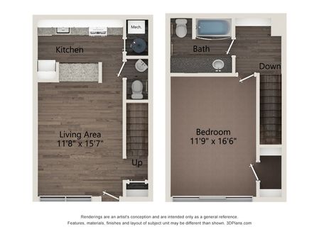 one bedroom, one and a half bathrooms townhome