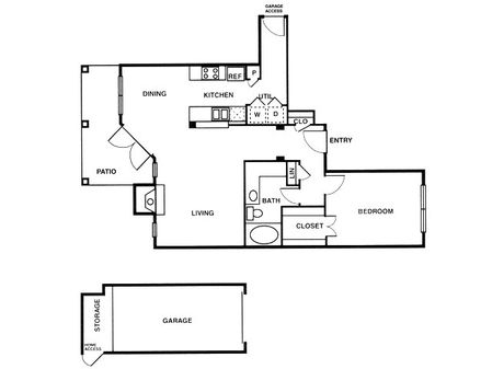 A5 one bed, one bath with attached garage, dining room and patio
