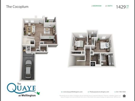 Cocoplum two bedroom two and a half bathroom town home with single car garage 3D floor plan, 1,429 sq. ft.