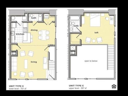 1 bedroom 1.5 bathroom floorplan. Living space and kitchen with lofted bedroom upstairs