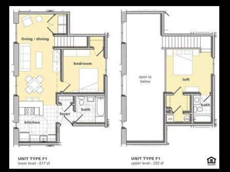 2 bedroom, 2 bathroom floorplan. Living space, kitchen, full bathroom, and 1 bed room on the first floor. A second bedroom with bathroom is lofted upstairs