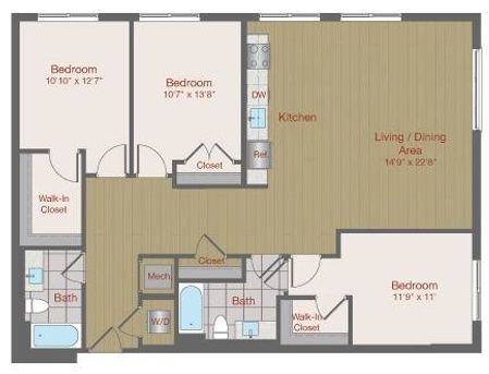 Image of 3C1 Three Bedroom Floor Plan | Ovation at Arrowbrook | Herndon Affordable Apartments