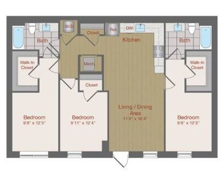 Image of 3A Three Bedroom Floor Plan | Ovation at Arrowbrook | Herndon Affordable Apartments