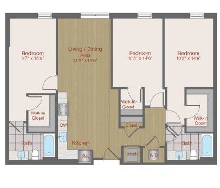 Image of 3B Three Bedroom Floor Plan | Ovation at Arrowbrook | Herndon Affordable Apartments