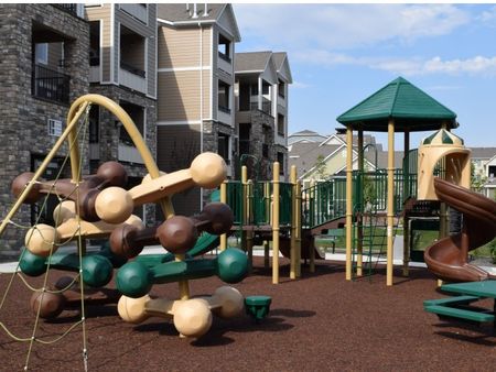 Playground area in woodchips with play structure, 3 slides, climbing structure, and picnic tables