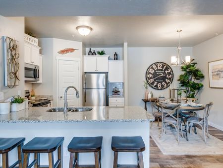 Open concept kitchen with breakfast bar, stainless steel appliances, and walk-in pantry