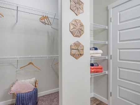 Master bathroom with storage space and large walk-in closet