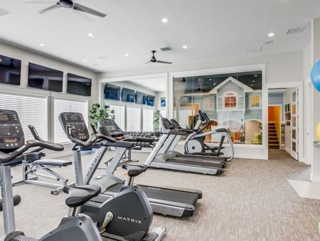Fitness center with 3 treadmills, 2 stationary bikes, 1 elliptical, yoga balls, free weights, and 3 weight machines with large window showing connected indoor playroom