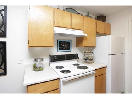 Kitchen area with stove, oven, fridge, and freezer
