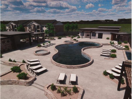 Overview of a large beautiful swimming pool with stone siding, 2 circle hot tubs, Multiple pool lounging chairs and the new clubhouse in view. Small view of the residents pavilion and grilling station.