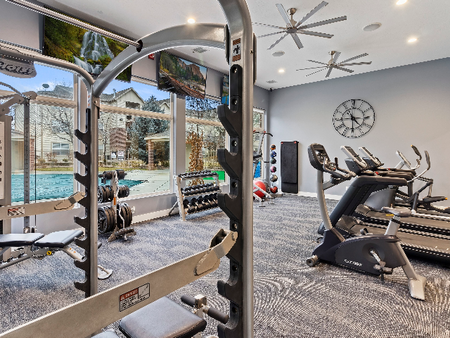 Fitness center with free weights, exercise balls and mats, three flat screen televisions