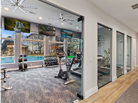 Overview of fitness center, cardio machines, weights and free weights, three televisions