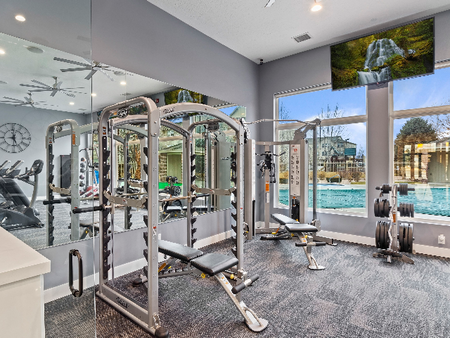 Fitness center with smith machine and squat machine, benches and weights