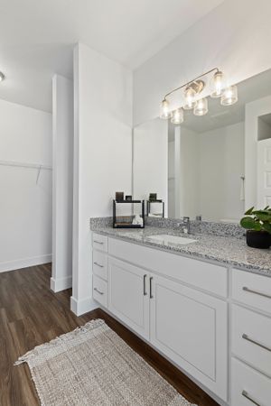 Master bathroom vanity with overhead light fixture grey and white finishes