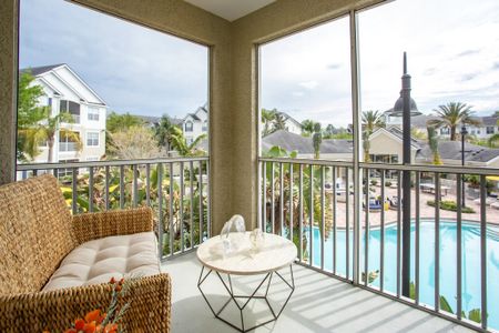 Grandeville at River Place Interior | Balcony | Bench | Palm trees | Pool view