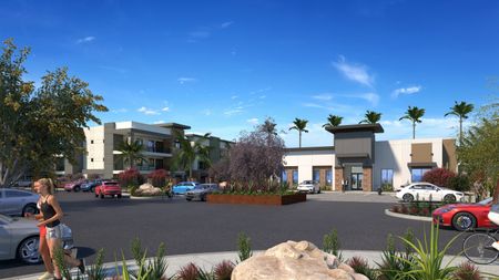 Apartments for Rent in Goodyear AZ - Acero Roosevelt - A 3D Rendering Of The Exterior Parking Lot With Beautiful Landscaping In Front Of The Leasing Office And The Apartment Buildings