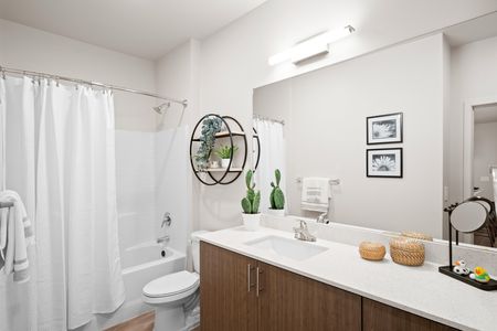 Modern bathroom with tub and storage
