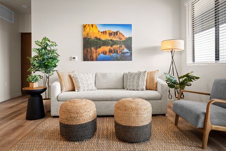 Mesa, AZ Apartments - Acero Hawes Crossing - Living Room with Patio Access, Couch, Grey Media Console, and Floor Lamp