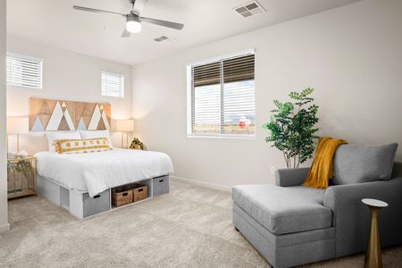 Two-Bedroom Apartments in Mesa, AZ - Acero Hawes Crossing - Bedroom with High Ceilings, White Bedding, and Nightstands