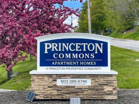 Monument-style sign in front of Princeton Commons apartment community in Claremont, NH.