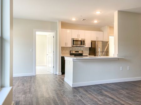 Plank-style flooring in living area and kitchen in annex apartment at Dover Apartments in Dover, NH.