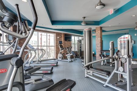 View of Fitness Center, Showing Cardio Machines, Cable Machines, TV, and Window View at Alpha Mill Apartments