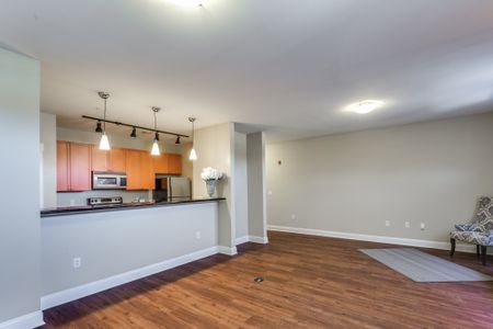 View of Living Room, Showing Plank-Wood Flooring, Breakfast Bar, and View of Kitchen at Alpha Mill Apartments