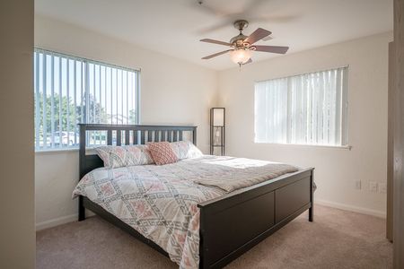 View of Furnished Bedroom, Showing Bed, Dual Windows, Ceiling Fan and Carpet at Clearview Apartments