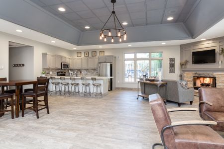 View of Clubhouse, Showing Community Kitchen, Lounge Space, Plank Flooring, Fireplace and Windows at Clearview Apartments