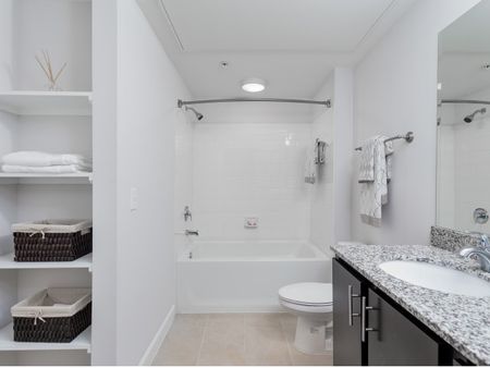View of Bathroom, Showing Single Vanity, Granite Countertop, and Built-In Shelves at The Melrose Apartments