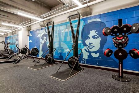 View of Fitness Center, Showing Punching Pads, Rowing Machines, Cardio Machines at The Melrose Apartments
